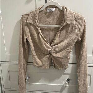 Bershka Tan Ribbed Twist Front Blouse